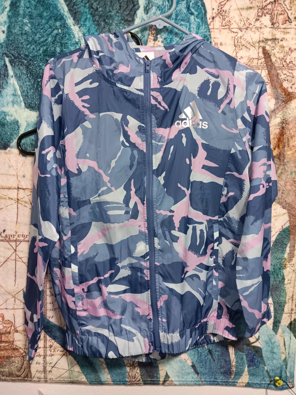 adidas Kids Blue, Pink & Gray Camo Hooded Rain Jacket